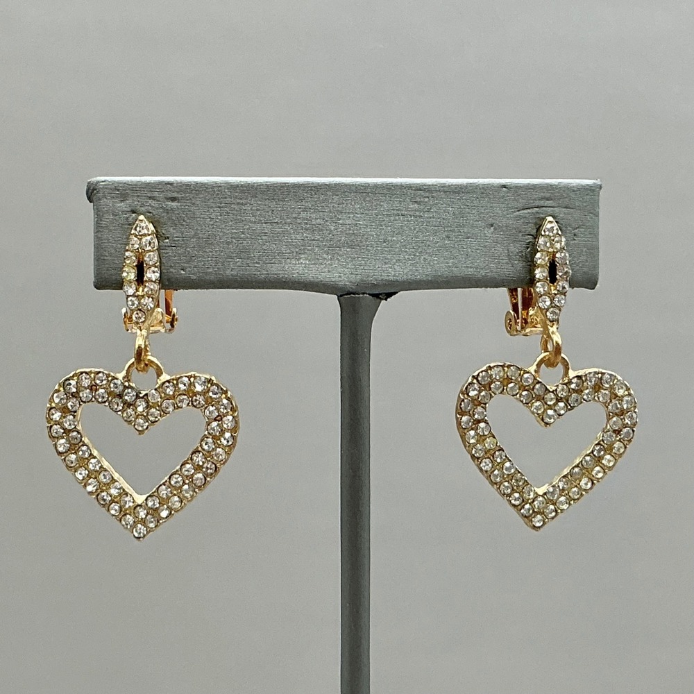 Heart Dangle Earrings Women Gold Tone Clear Rhinestone Pave Clip On Fashion 8597